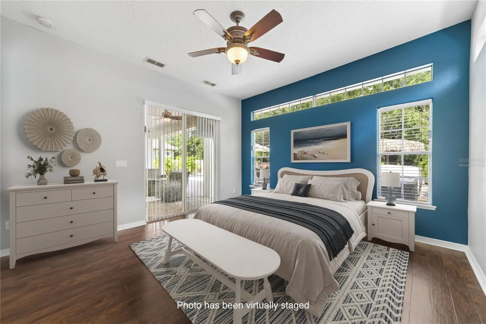 Then on to your personal retreat with just a pop of color (photo virtually staged).