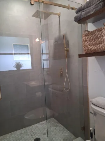 Primary Bath--newly renovated shower with glass door and rainfall showerhead.