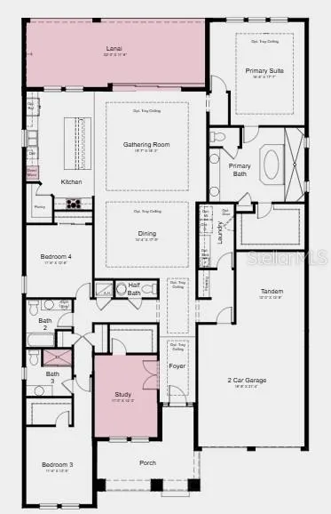 Floor Plan - Additional Highlights include: Pocket sliding glass door at great room, tray ceiling package, whole house 8' interior doors, quartz countertops, whole house blinds, and outdoor kitchen rough-in