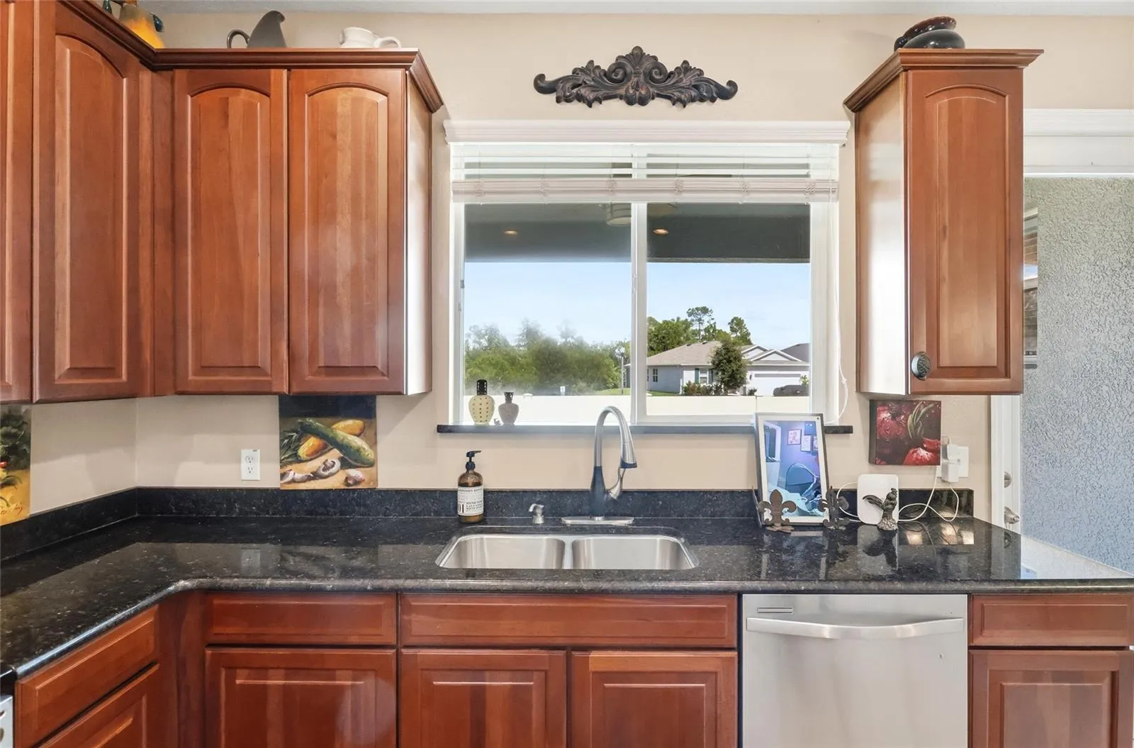 Kitchen overlooking backyard