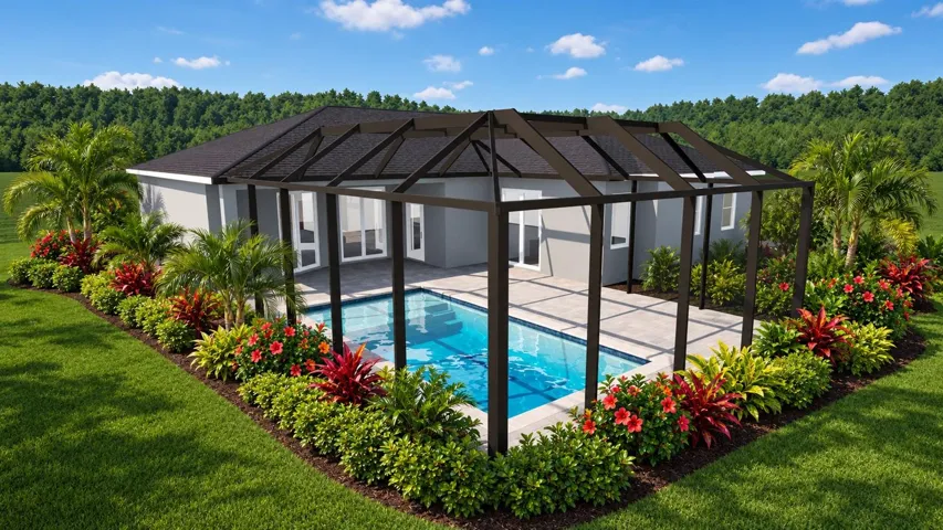 ARTIST'S CONCEPTUAL RENDERING – FOR ILLUSTRATION PURPOSES ONLY. Pool, decking, and screen enclosure are proposed improvements and do not currently exist on the property. Pool is not included in the sale. Actual design, dimensions, placement, construction, and feasibility are subject to permitting, setbacks, HOA approval, and applicable regulations. Created by Nelson Pool Company