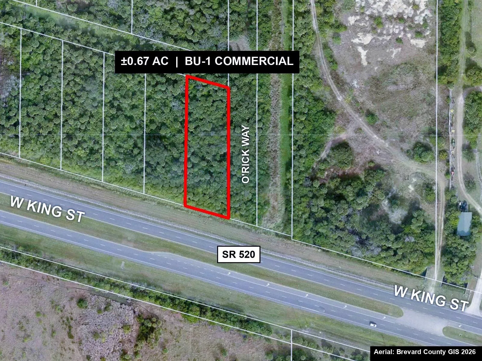 Aerial with county parcel lines. Subject outlined in red: 0.67 acre BU-1 commercial lot with frontage on W King St (SR 520).