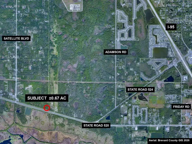 Location map. Subject circled in red on SR 520 west of I-95, near SR 524, Adamson Rd and Friday Rd.