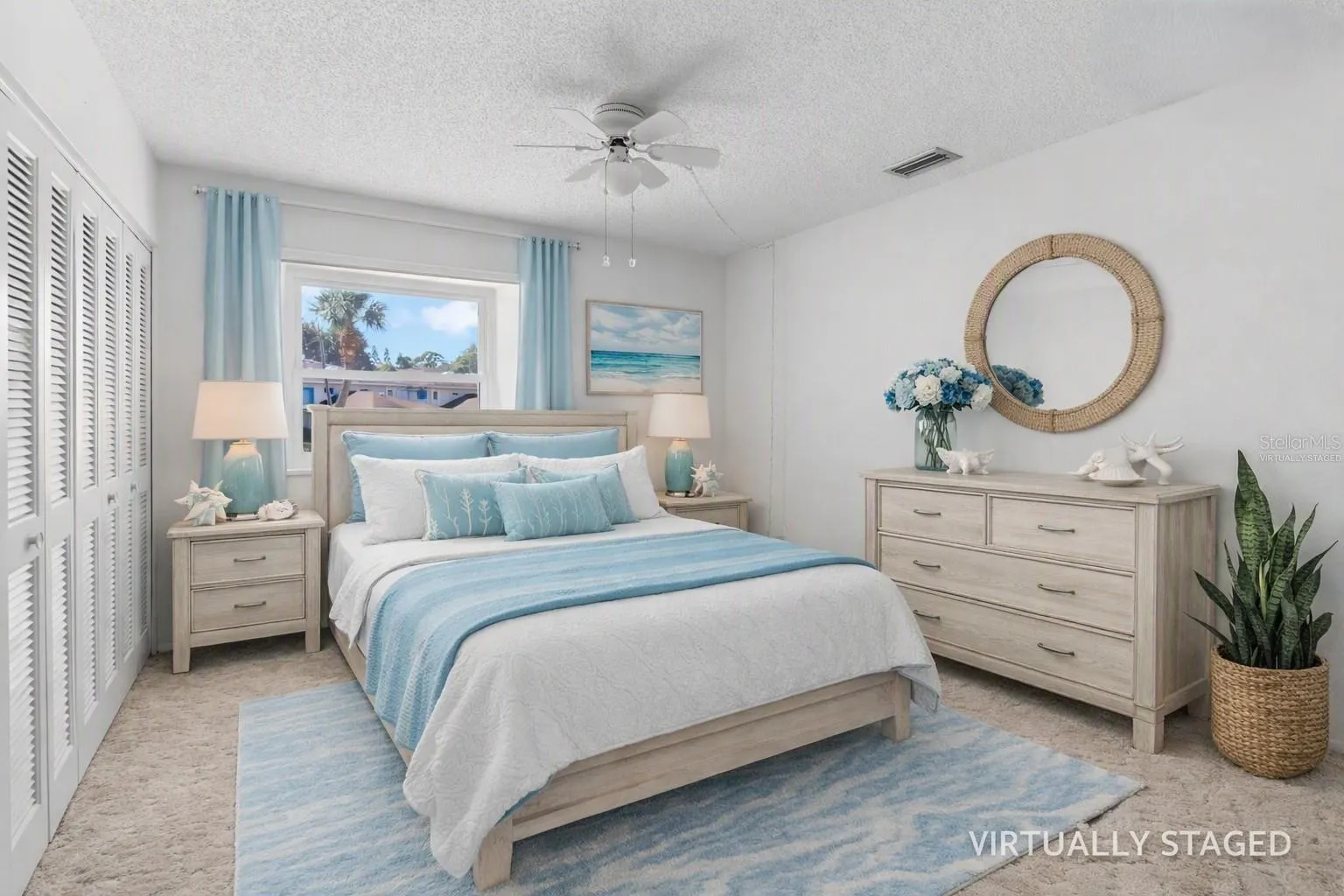 Virtually staged secondary bedroom looking from the door