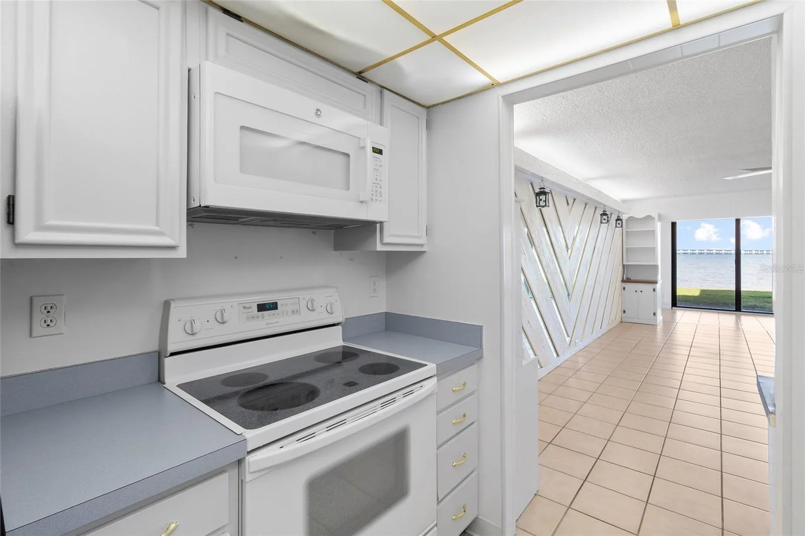 Kitchen looking toward water view.