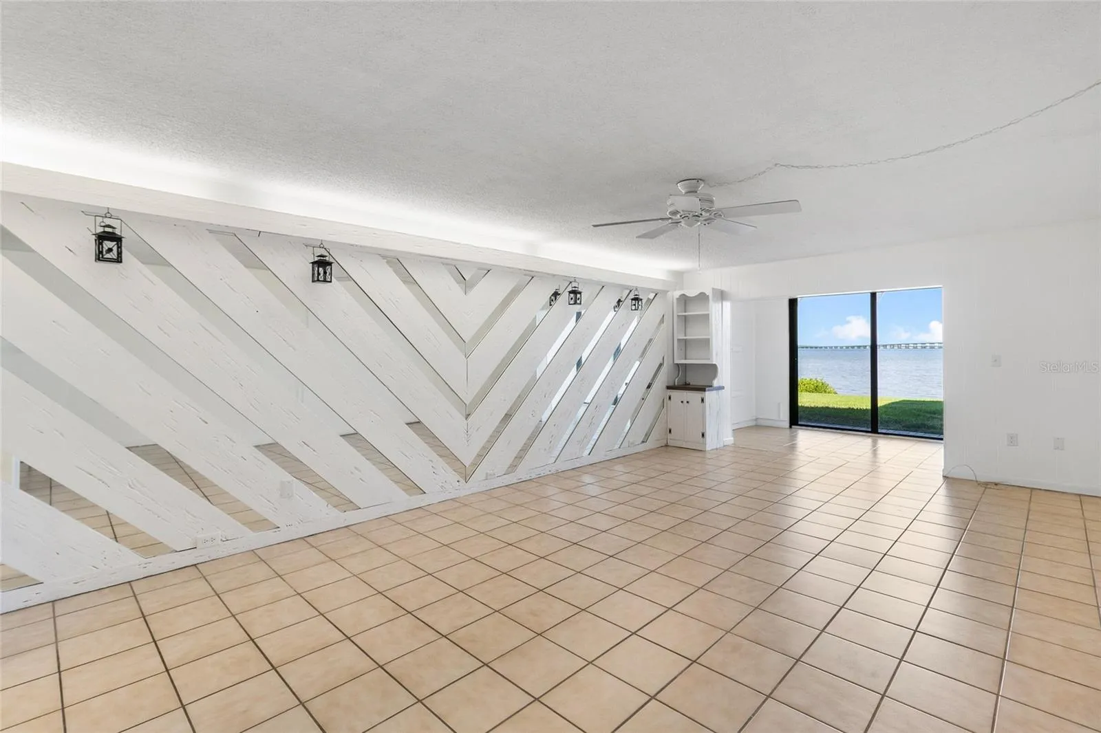 Lining area over looking water view.