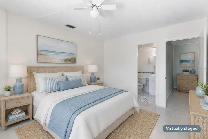Virtually Staged Secondary bedroom, bath and hallway area - tile floor