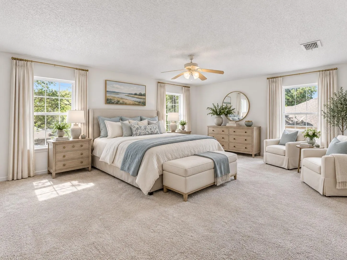 Large master bedroom with en-suite bath and two walk-in closets. Virtually staged in the Nancy Meyers style here for the full effect!