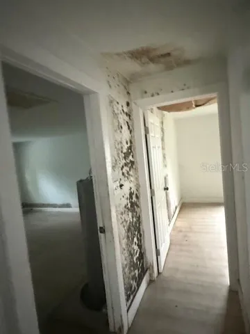 Discoloration Wall with when you first enter house; wall on left. This is badbut the converted garage in worst.
