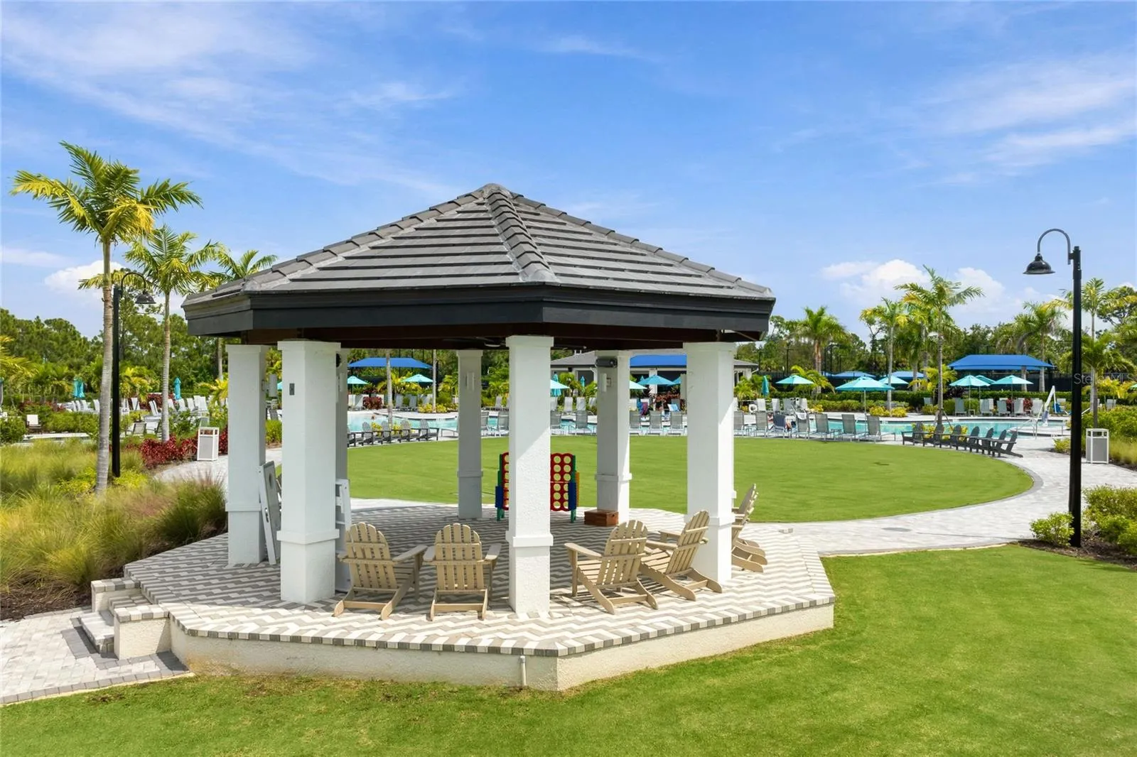 Covered pavilion provides a comfortable shaded retreat to relax and take a break from the sun.