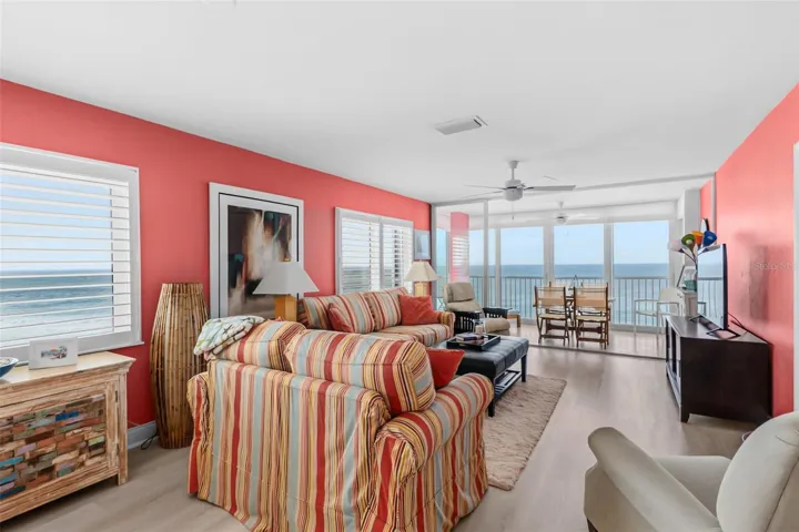 View of the family room from the edge of the kitchen.