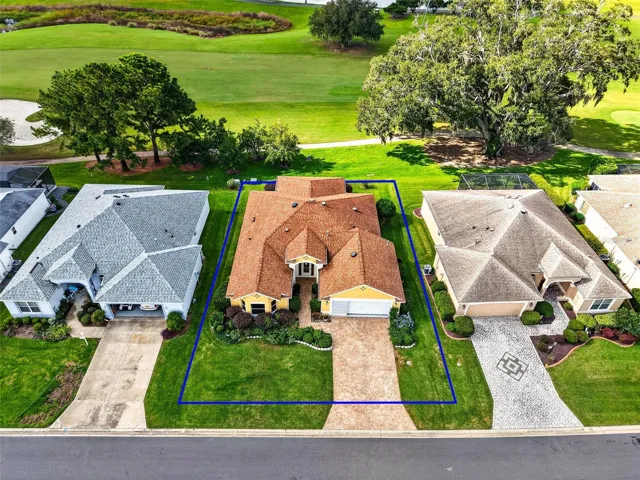 Aerial Front Elevation with Property Lines and GOLF and WATER VIEWS!