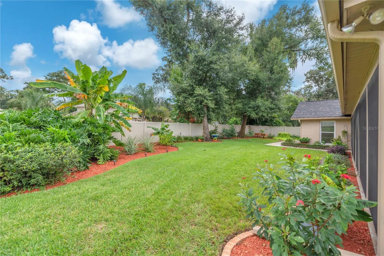 Step outside to a lushly landscaped backyard that feels like a private oasis, featuring banana, avocado, lime, and orange trees, along with pineapple plants.