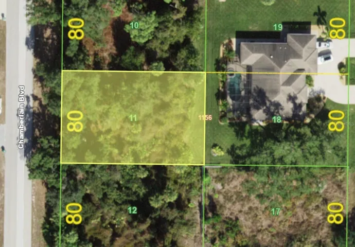 Aerial parcel map, 80x125 lot on Chamberlain Blvd