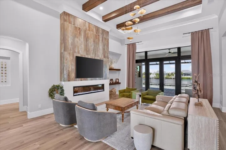 Electric Fireplace with Porcelain Tile and Custom Wood Mantel