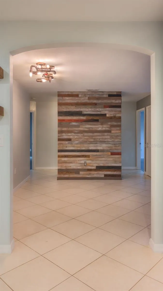 Wood accent wall in living room