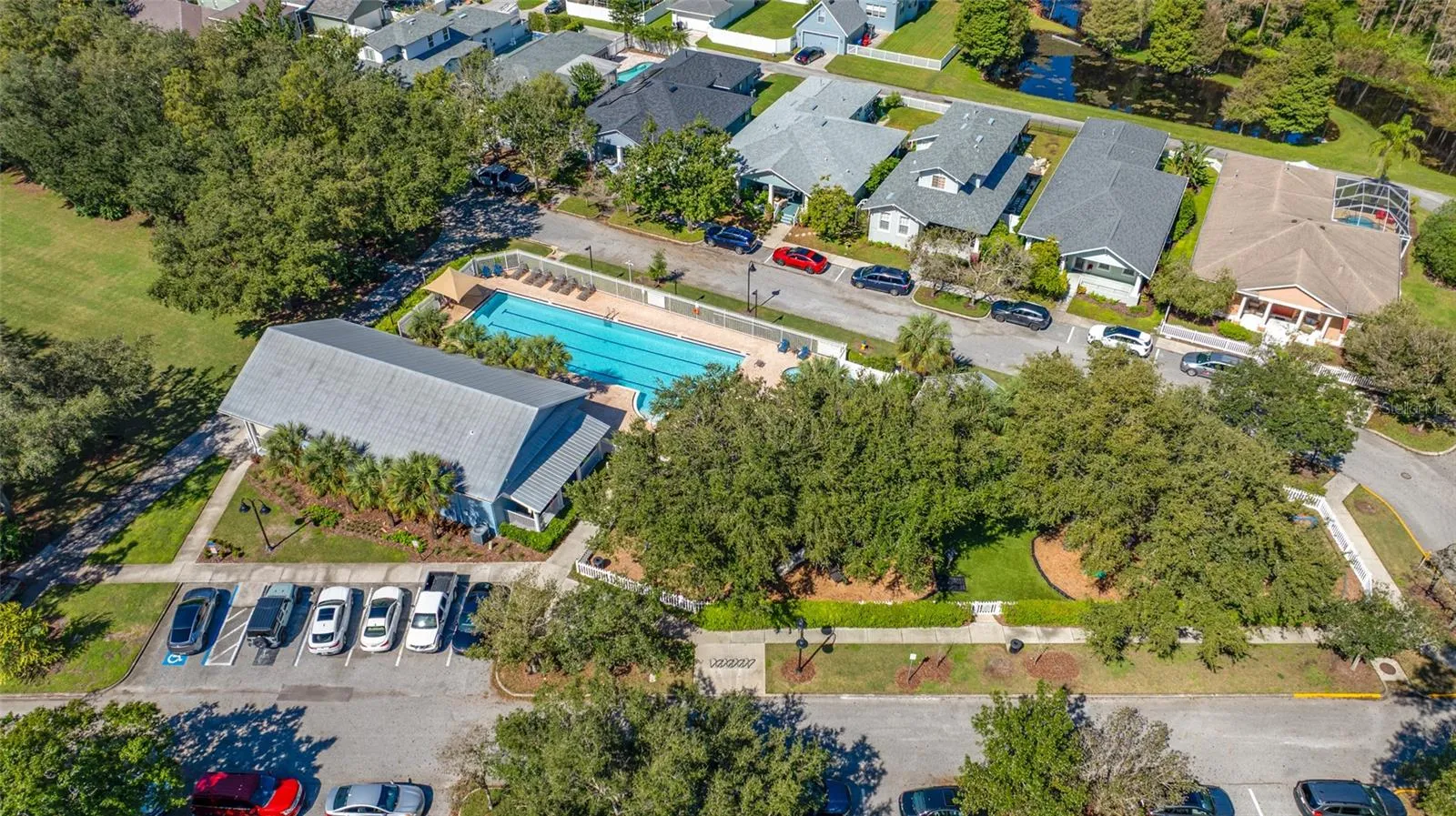 Community center, playground pool, and park