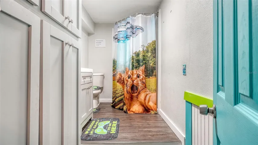 Converted garage bathroom/storage space.