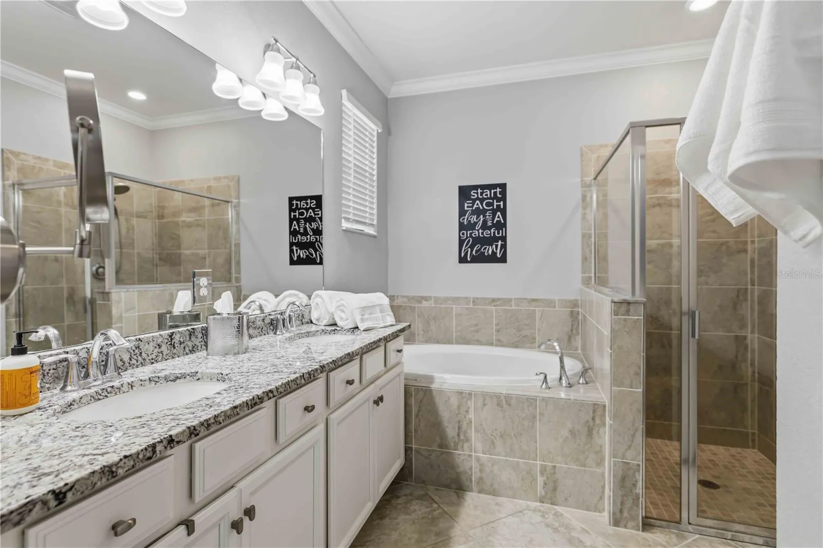 Double sink vanity, Garden Tub, Walk-in Shower and Water Closet
