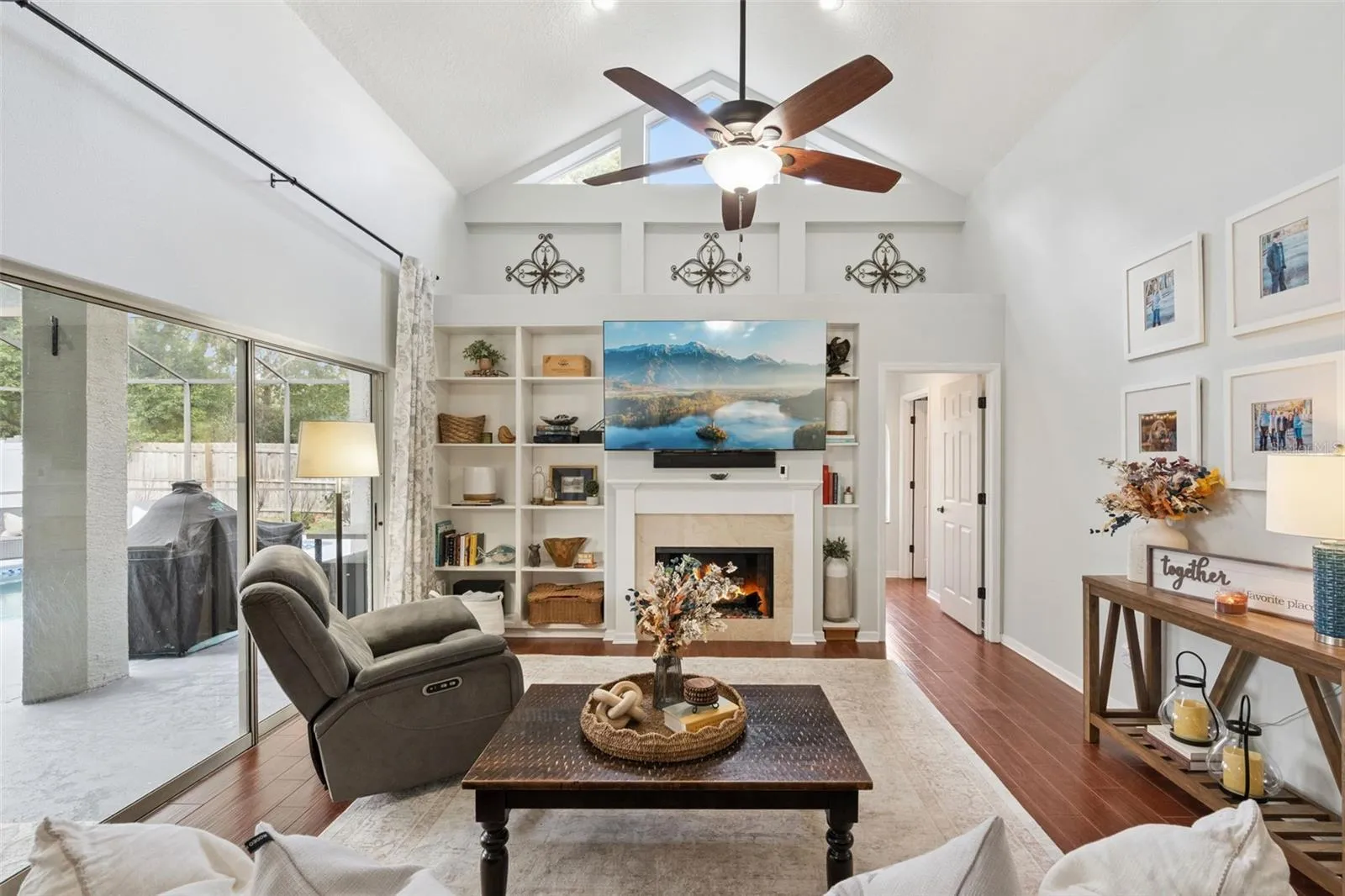Family Room with Gas Fireplace and Built-In Shelves