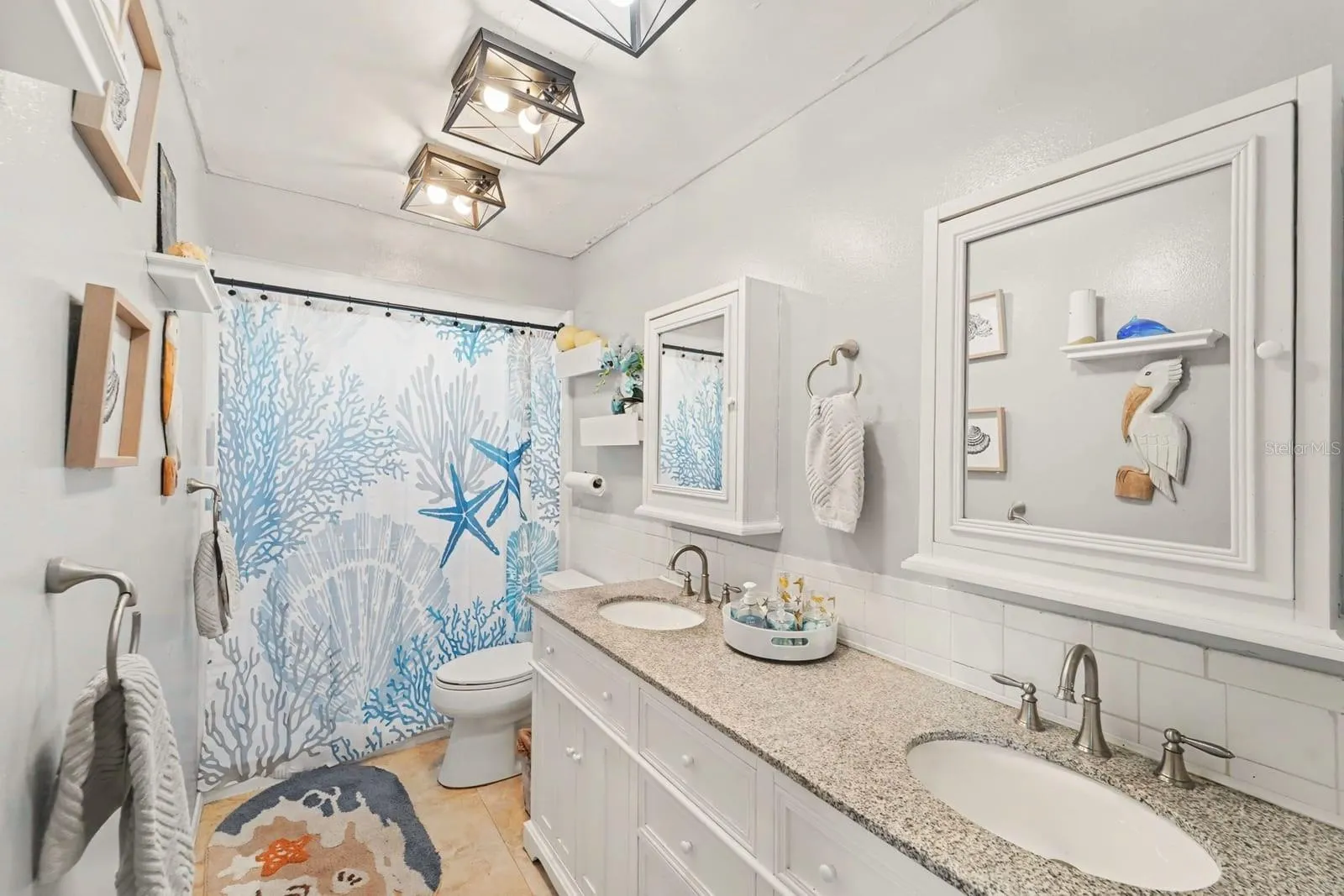 Master Bath with Dual Vanity, Coastal Décor & Framed Mirror Medicine Cabinet