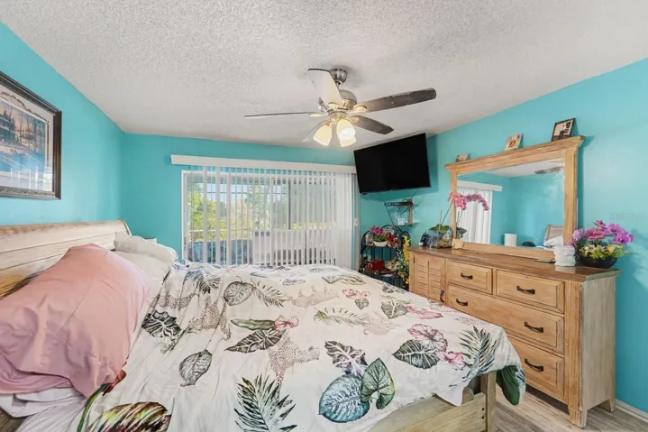 Bright Master Suite: Turquoise Walls, Sliders to Patio & Wood Furnishings