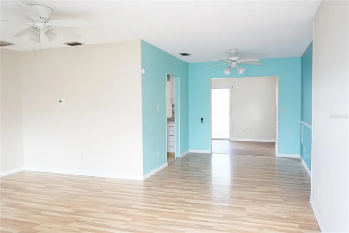 living room and blue dining area