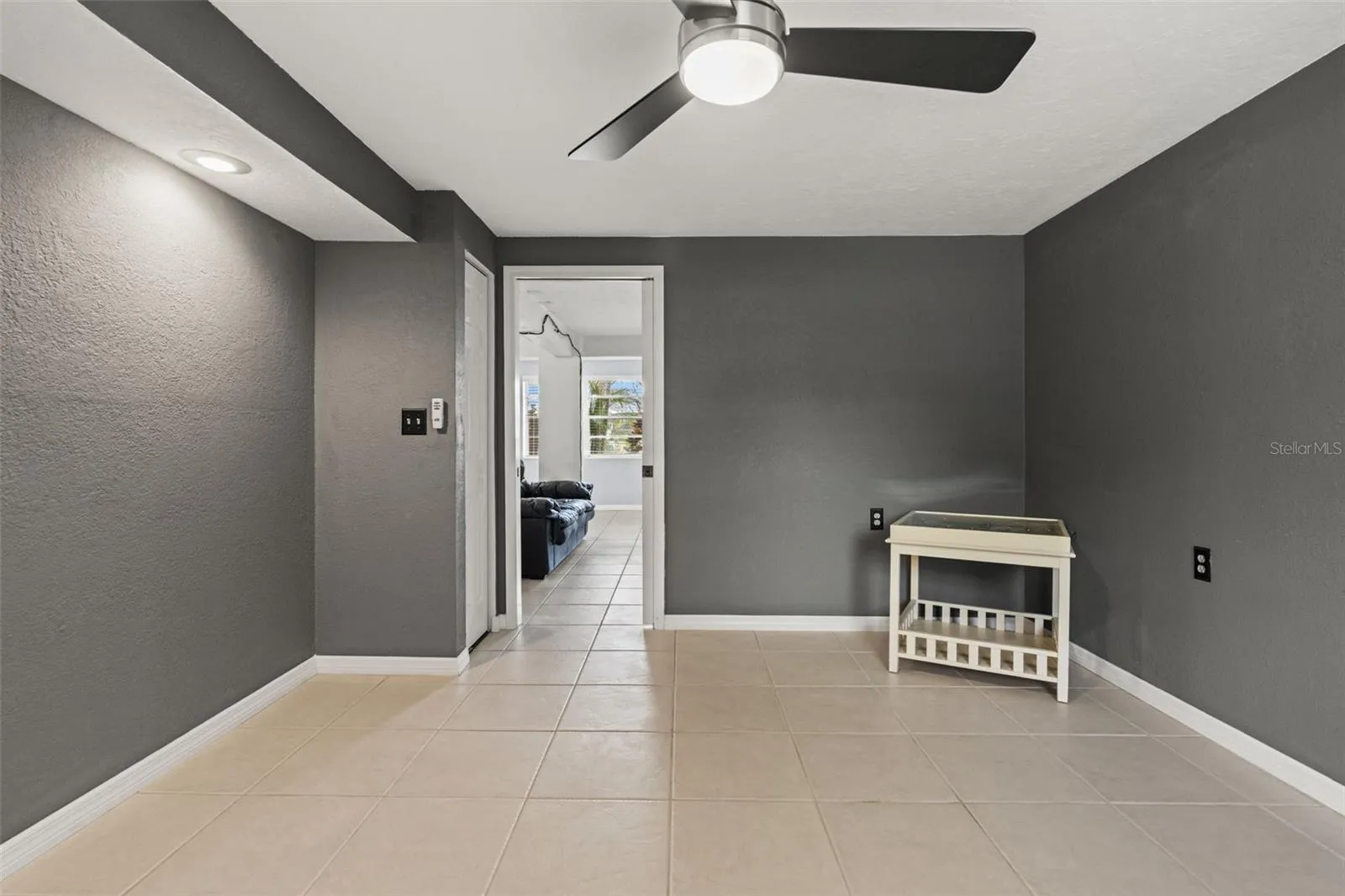 A second perspective highlights the room's open floor area, dark gray walls, and easy connection to the adjoining living space. The combination of natural light, closet storage, and separation from the main gathering area makes this a useful addition to the home's lower level.