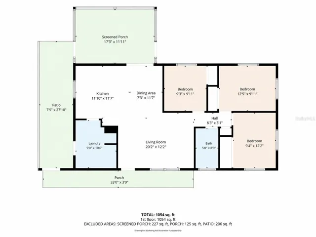 Measurements approximate; 1,054 SF includes laundry area. Buyer to verify square footage and heated living area.