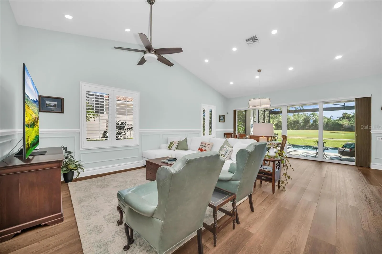 Family room with vaulted ceiling