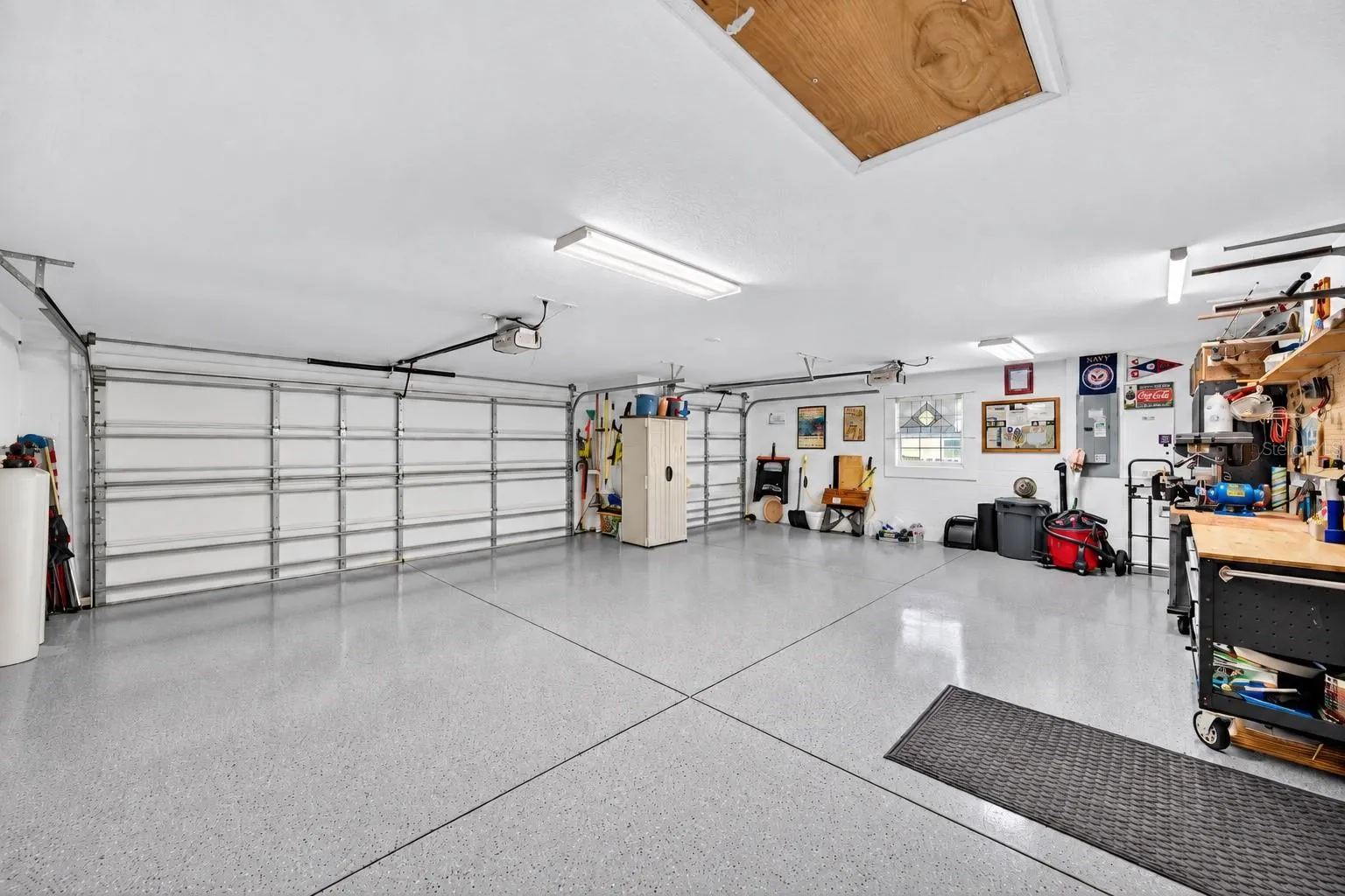 Garage with epoxy floors.