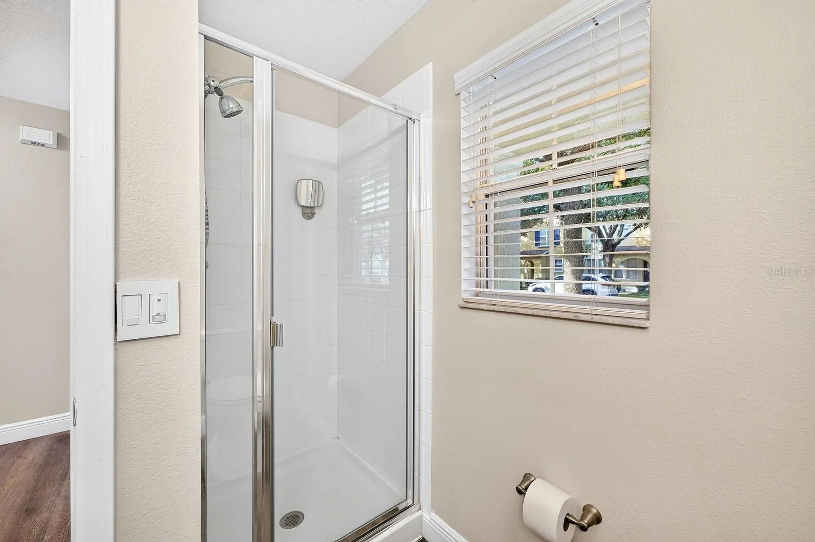 A walk-in shower in the first floor Bathroom.