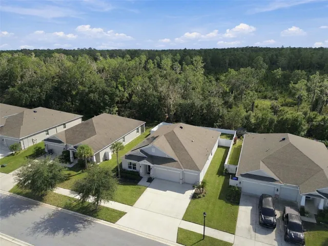 Drone view of property with conservation in background