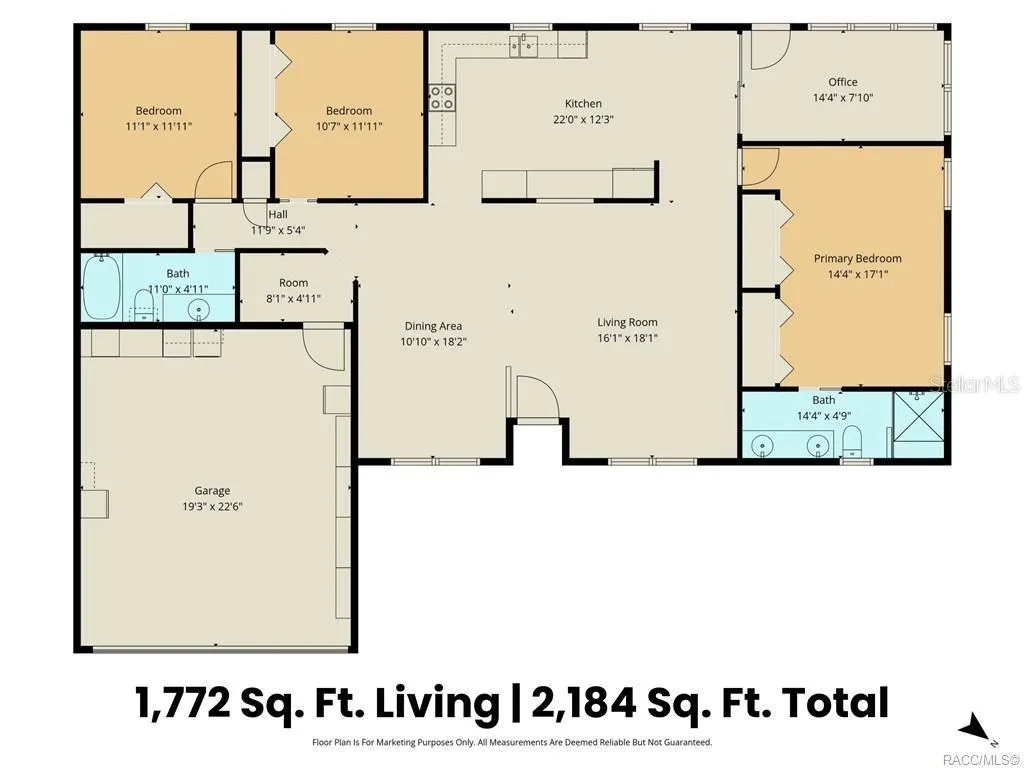 FLOOR PLAN – Thoughtfully designed 3BD/2BA + BONUS ROOM offering 1,772 SQFT OF LIVING SPACE and 2,184 SQFT TOTAL! The spacious layout features an OPEN LIVING &amp; DINING AREA, generously sized kitchen, SPLIT-BEDROOM DESIGN for added privacy, comfortable PRIMARY SUITE w/private bath, two guest bedrooms, guest bathroom &amp; ATTACHED 2-CAR GARAGE!