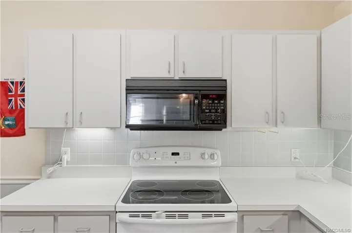 COOK UP SOMETHING GOOD! WHITE ELECTRIC RANGE, BUILT-IN MICROWAVE, TILE BACKSPLASH &amp; surrounding cabinetry make meal preparation convenient!