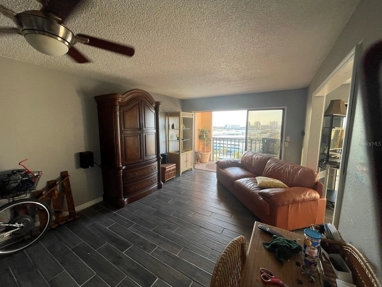 Open living area with wood-look tile flooring