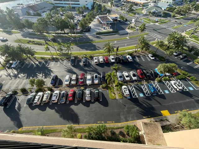 Elevated view of community parking and surrounding neighborhood