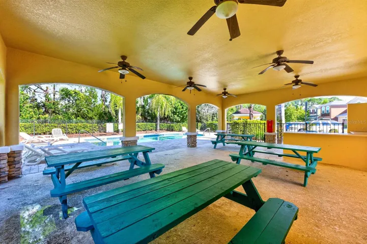 Covered patio with picnic tables near the pool