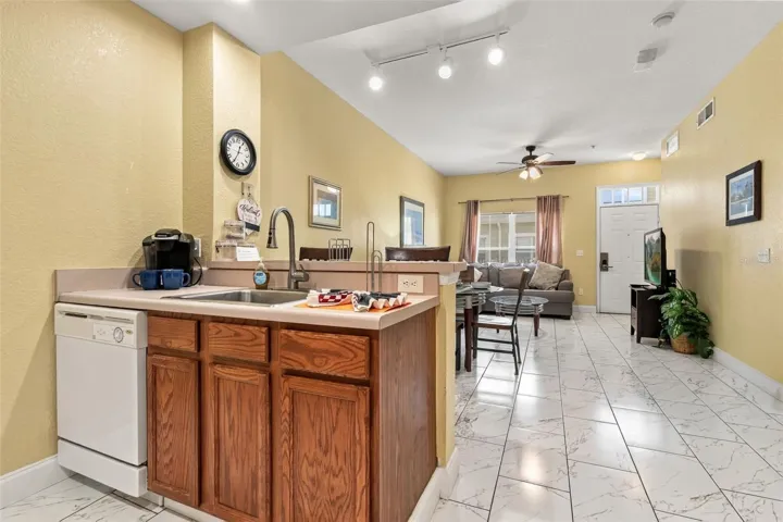 Kitchen with high-top seating.