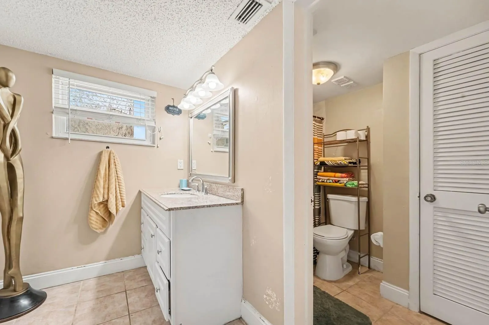 Master Bathroom with Vanity, Shelving Unit &amp; Separate Toilet Compartment