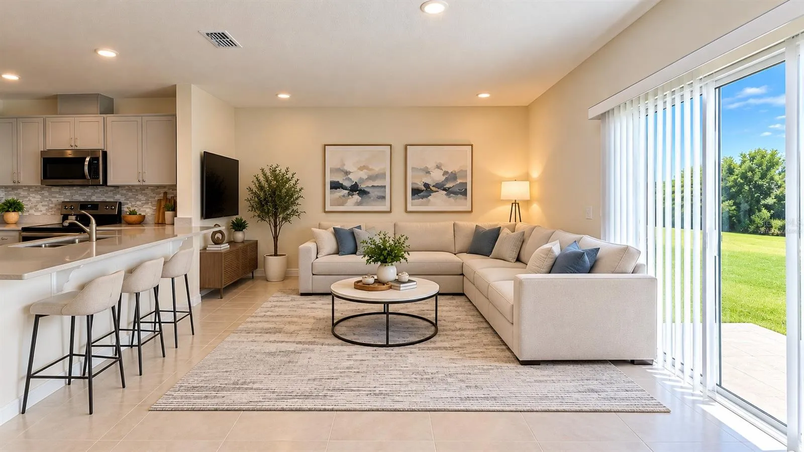 Living area and kitchen - virtually staged; offered unfurnished.