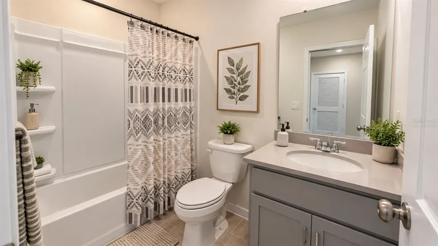 Bathroom with tub, shower and vanity - alternate view; virtually staged decor.