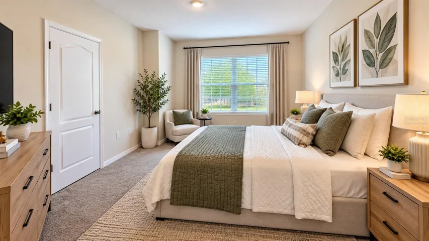 Bedroom - alternate view; virtually staged; offered unfurnished.