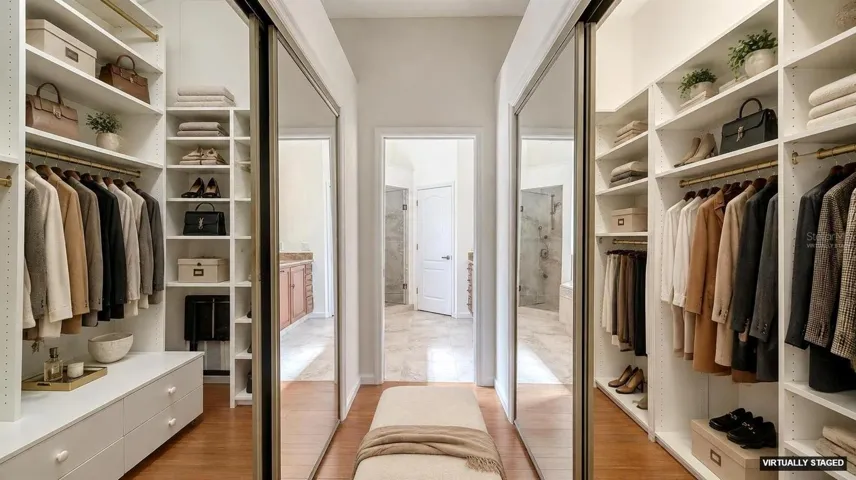 Virtually staged primary bedroom walk in closets