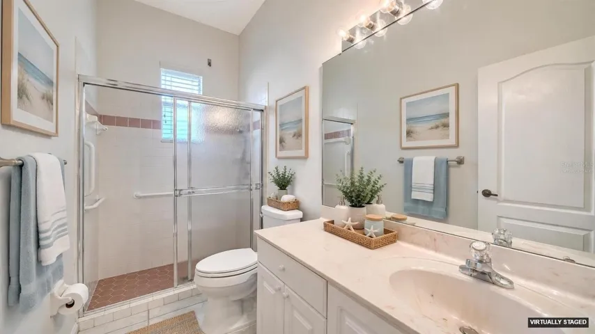 Virtually staged hallway bathroom