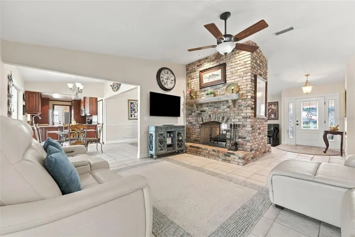 Family room with wood burning fireplace
