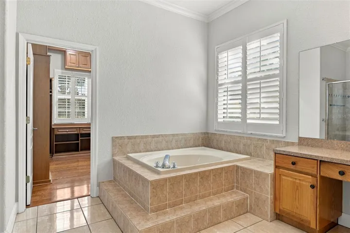 Primary Bathroom En Suite with Deep Garden Tub! Plantation Shutters on all Windows! Energy Efficient Windows replaced in 2010
