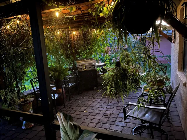 Pergola off the lanai over paver patio (with knee wall) and covered with Blue Sky vine