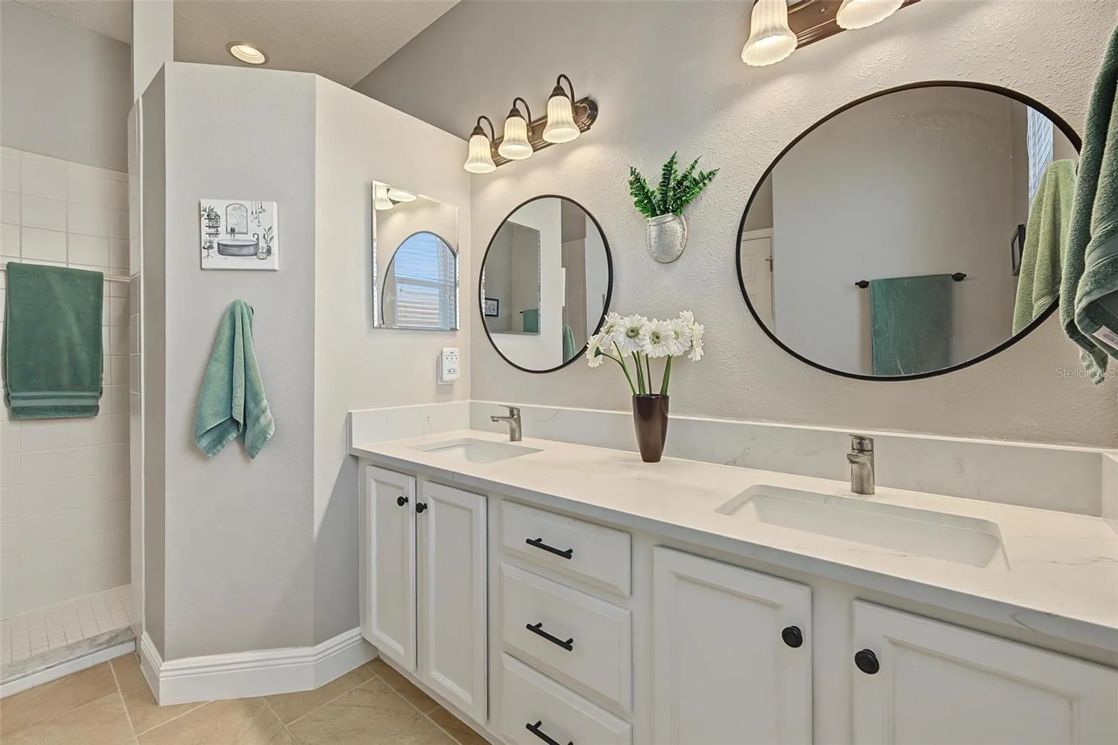 The double vanity provides additional storage options