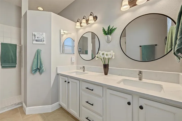 The double vanity provides additional storage options
